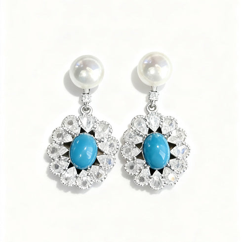 Elegant Oval Zirconia Blue Turquoise Pearl Earrings
